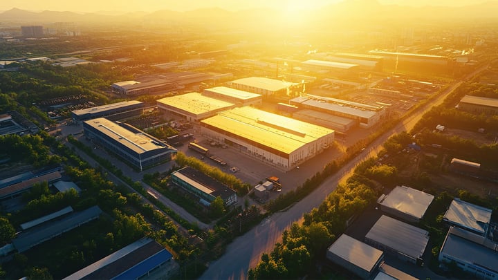 Birds eye view of the outside of a factory and warehouse.